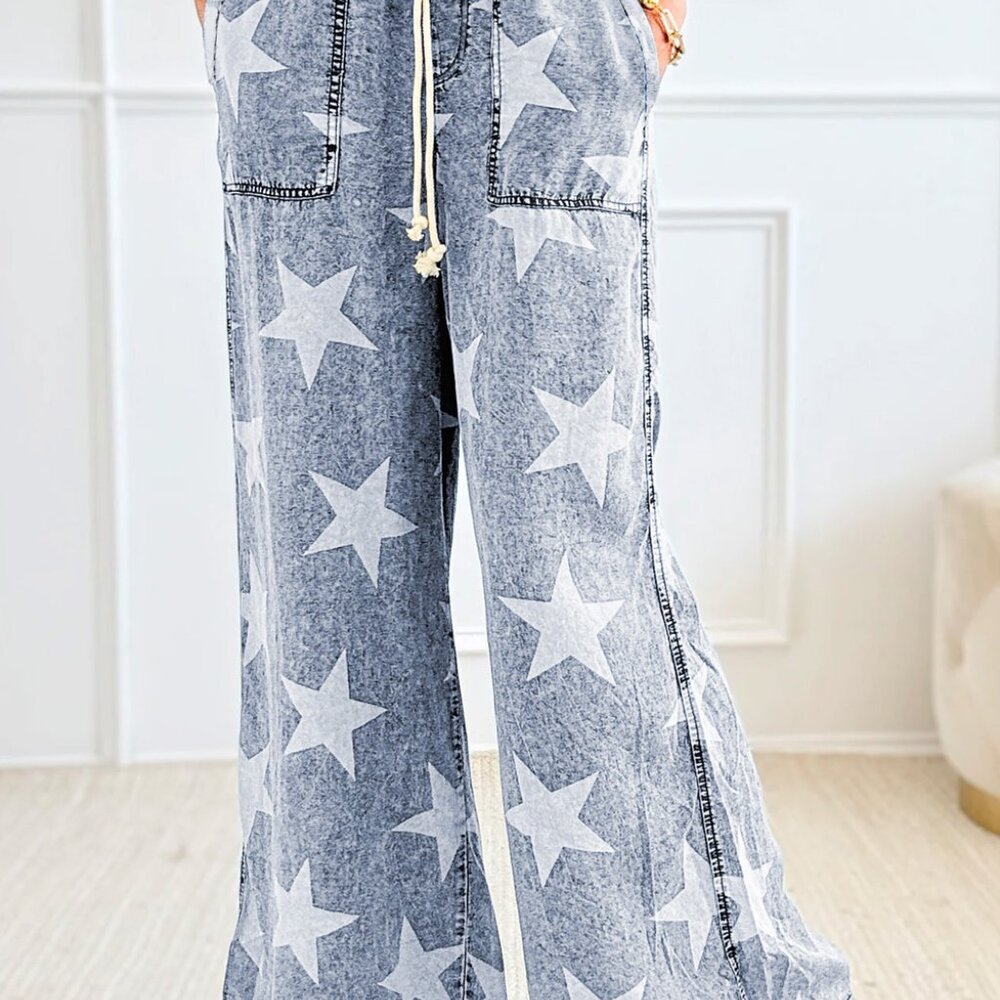 B274 Light Blue Star Print Light Wash Drawstring High Waist Wide Leg Jeans - Picture 2 of 12